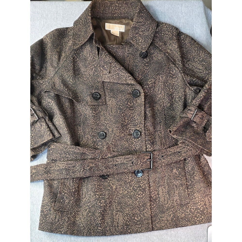 Michael Kors Brown Snakeskin Print Belted Trench Jacket Cropped Double Breasted